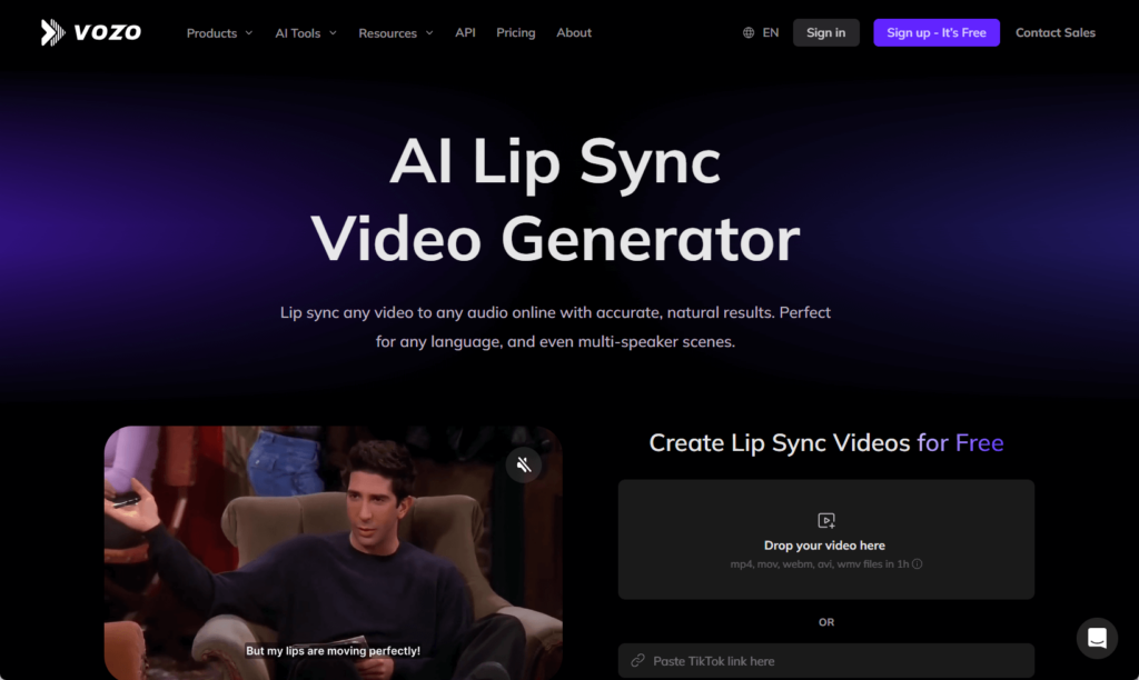 LIP SYNC page in Vozo AI